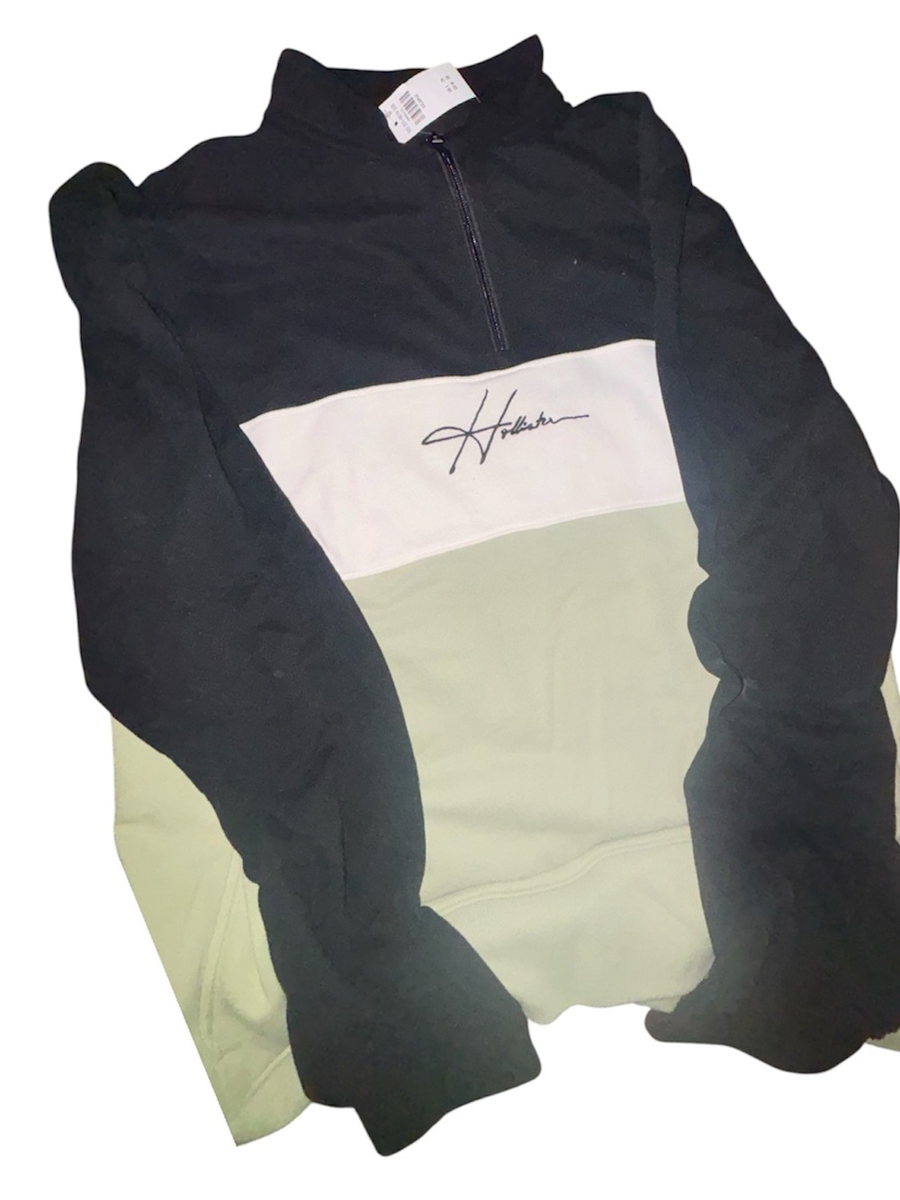 Hollister Black, White & Sage Colorblock Quarter-Zip Sweater